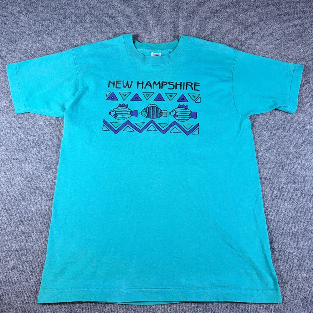 Vintage Fruit of the Loom New Hampshire Fish T-Shirt Teal Blue Large Made in USA